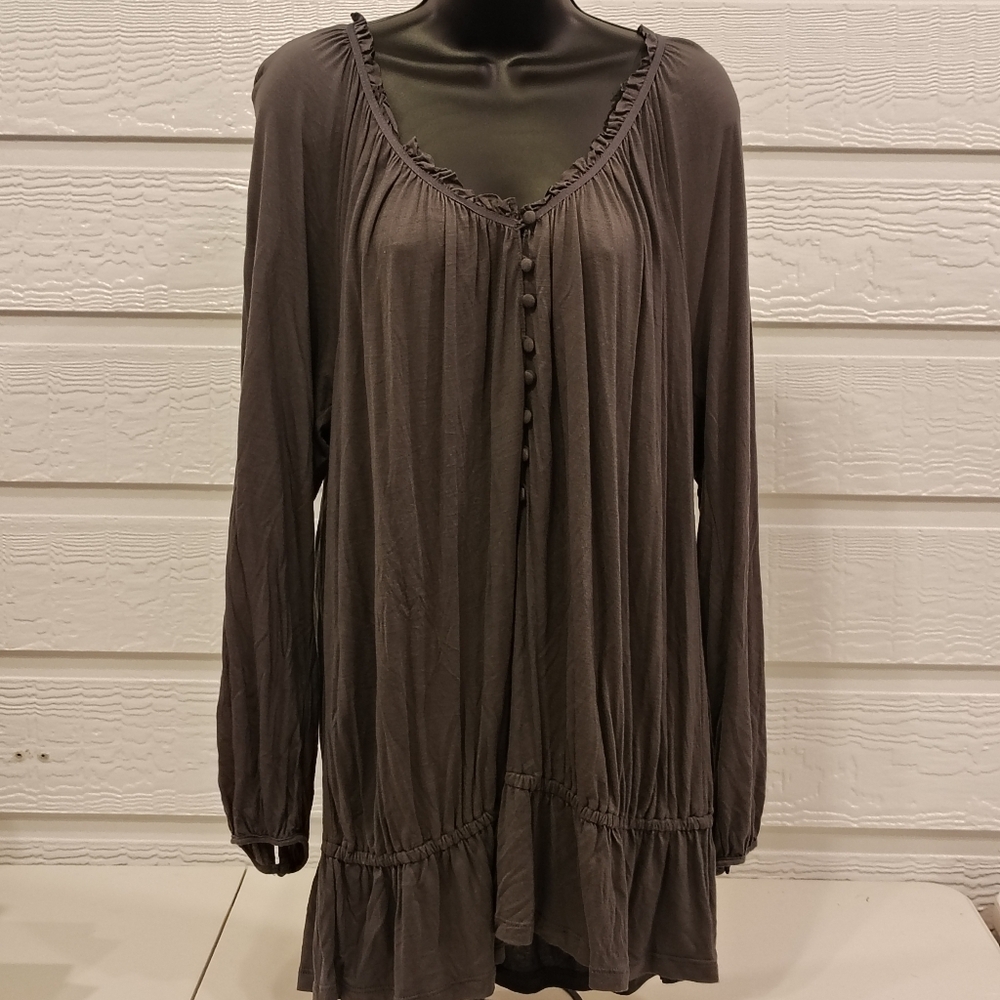 Women's XL Gray Scoop Neck Ruffle Trim Boho Peasant Cottage Core Romantic Flowy